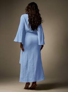 MISSGUIDED Designer Balloon Sleeve Maxi Wrap Dress With Knot Detail Textured Cheesecloth Summer Resort Beachwear Long Flowy Evening Gown Wedding Guest Party Special Occasion - Blue - View 2