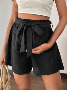 SHEIN 孕妇夏季休闲纯色纸袋腰短裤 - 彩色 - 查看 6