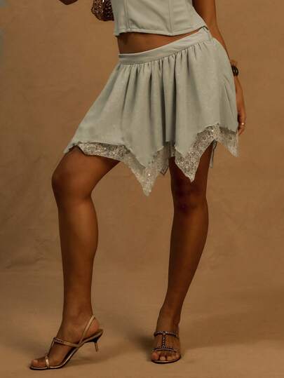 MUSERA 低腰亮片层叠雪纺迷你裙，适合伊比沙岛、假日、夏季、度假、海滩等场合，白色岛屿优雅派对风格