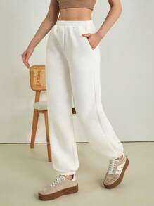SHEIN PETITE Solid Elastic Waist Sweatpants - White - View 6
