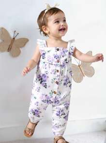 SHEIN Baby Girls & Babies' Floral Print Square Neck Ruffled Sleeveless Jumpsuit, Suitable For Spring/Summer Outings, Vacation, Daily Wear - Purple - View 1