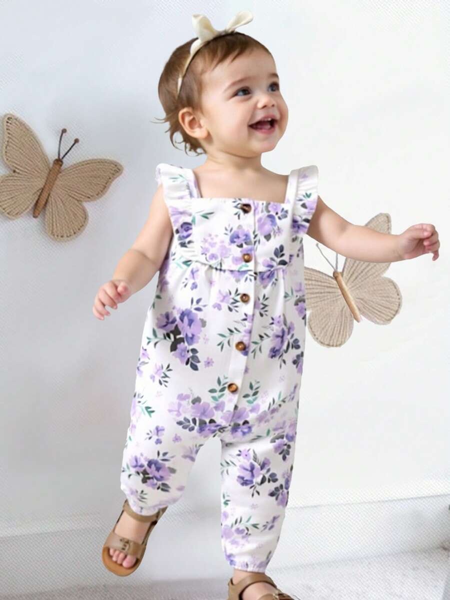 SHEIN Baby Girls & Babies' Floral Print Square Neck Ruffled Sleeveless Jumpsuit, Suitable For Spring/Summer Outings, Vacation, Daily Wear - Purple - View 1