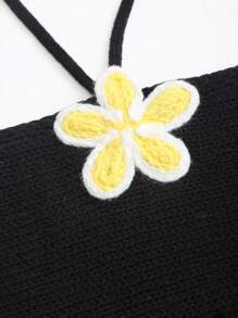 Sweetra Women's Sweet Style Black Hollow Lace Halter Tie Embroidered Knit Blouse, Spring/Summer - Black - View 5