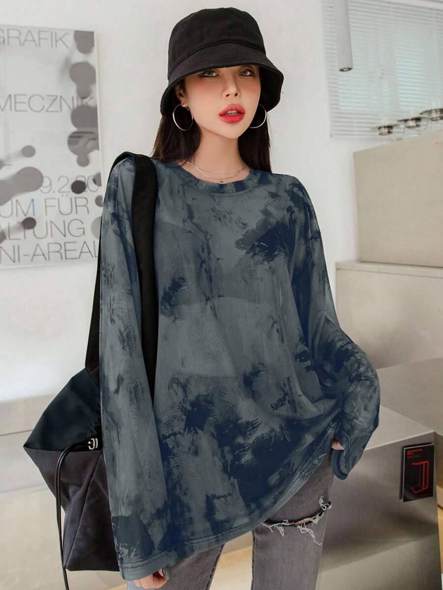 DAZY 扎染落肩上衣，不带胸罩，外出上衣，透明长袖女式上衣，秋季女装