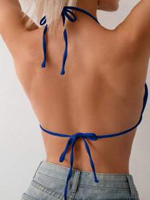 SHEIN Swim Women's Summer Vacation Textured Halter Bikini Top - Blue - View 2