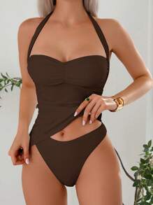 Swim Chiccia 2 pièces Femmes Vacances Simple Couleur Unie Tricot Large Bretelle Plissé Top et Bas-Taille Triangulaire Culotte Bikini Set - Tabac - Voir 3