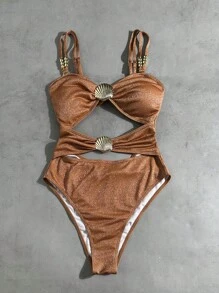 Swim Chiccia Đồ bơi một mảnh gợi cảm bằng vải bóng đan chéo kim loại trang trí khoét sâu cho nữ, mùa hè - Rỉ Nâu - Xem 3
