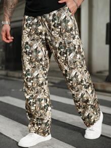 Manfinity LEGND Pantalones cargo informales con estampado de plantas para hombres de talla grande