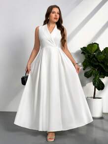 Firerie 优雅简约白色婚纱，A 字形 V 领无袖缎面前开衩加大码长款裹身式带口袋，办公室淑女仙女裙 - 白色 - 查看 8