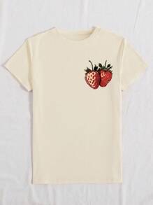 Maglietta a maniche corte da donna con stampa di fragola e lettera, adatta per outfit casual da esterno e per feste, adatta per tutte le stagioni