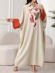 SHEIN Najma Túnica con mangas tipo murciélago y puños bordados de color contrastante, estilo modesto tipo kaftan