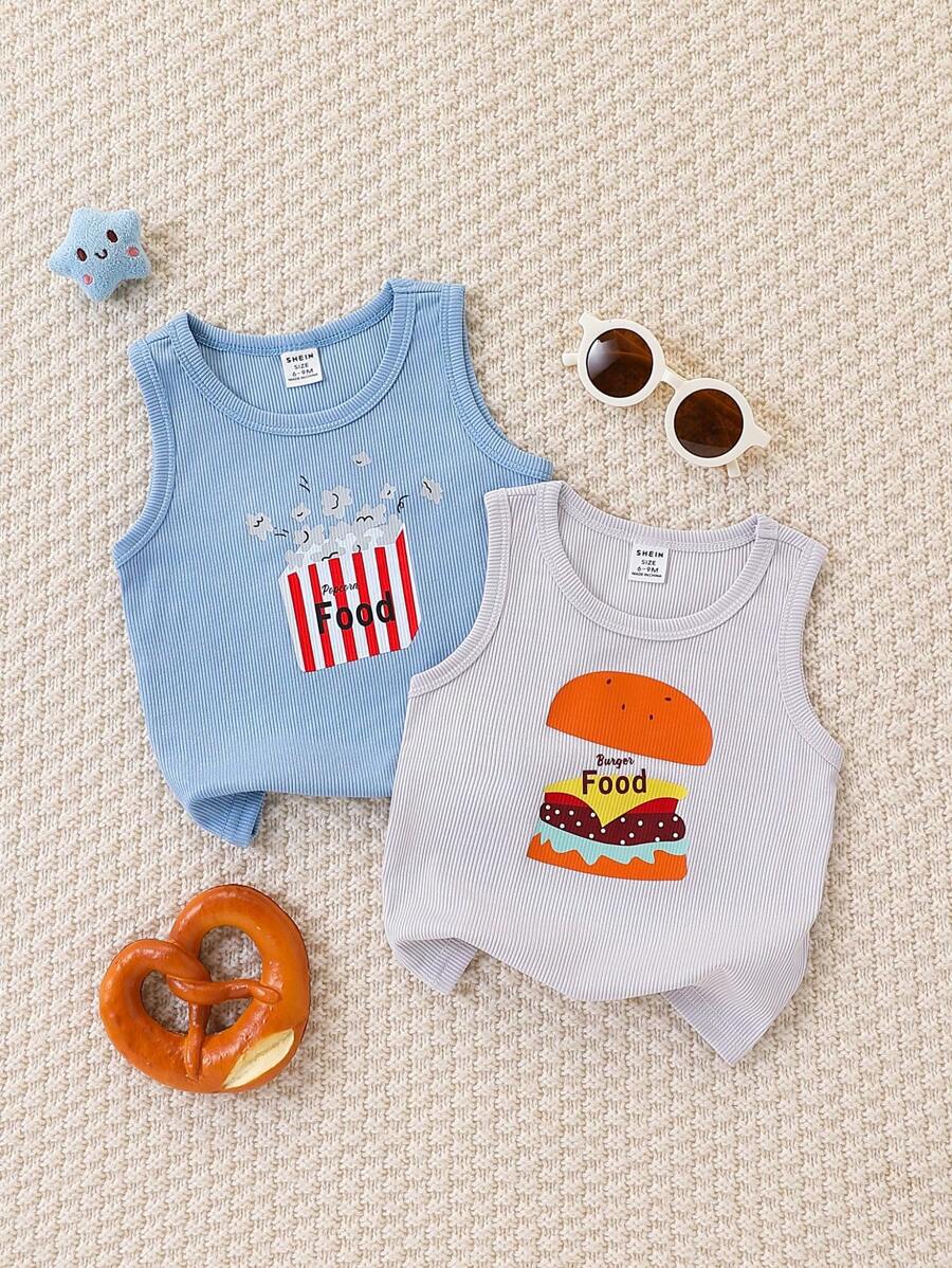 SHEIN Playful Pals 2pcs/Set Baby Boys Casual Food Graphics Print Round Neck Sleeveless T-Shirt Vest Tops, Versatile Cute Comfortable, Suitable For Summer Outings And Daily Wear
