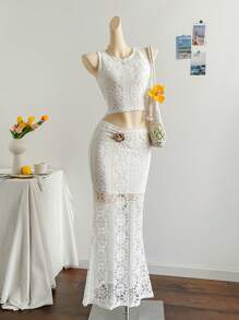 Soleia 女士度假套装：镂空针织吊带背心和紧身鱼尾下摆裙，适合派对、音乐节、海滩、约会、夏季 - 米色 - 查看 1