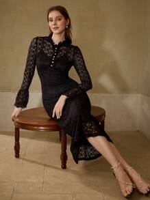 MOTF PREMIUM LACE FAUX PEARL DRESS - Black - View 1