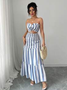 Elenzga Vestido de fiesta elegante de verano 2025 con escote cruzado de rayas, vestido deslizable con cintura anudada y sin tirantes, vestido versátil y sexy adecuado para citas, salidas, vacaciones, bodas, fiestas, carnavales, Pascua, festivales de música, festivales de cerveza