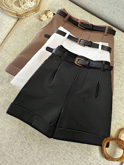 Airaco Women Casual Solid Color Cuffed Shorts For Commuting, Summer