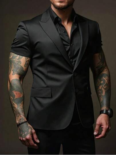 Calvornis Enknäppt kortärmad blazerjacka för män i enfärgad färg