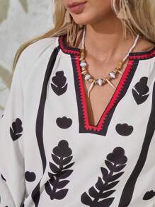 LanaWest Women's Casual Plant Print Notched Neck Shirt, Summer Fall Cloth For Women - Multicolor - View 3