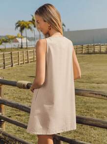 SHEIN LUNE 女士休闲亚麻无袖绗缝 A 字形连衣裙，带口袋，优雅舒适，适合日常穿着和度假 - 杏色 - 查看 2