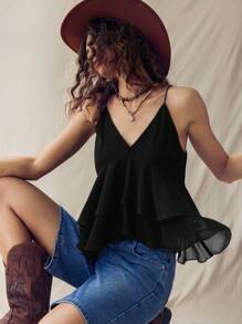 SHEIN LUNE 美式波西米亚风荷叶边黑色吊带上衣嬉皮士装束锐舞装束西部女装嬉皮士音乐会上衣 - 黑色 - 查看 4