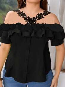 INAWLY Plus Size Women Fashion Loose Ruffled Off Shoulder Short Sleeve Blouse - Black - View 1