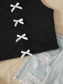 SHEIN Top de tirantes informal para niñas preadolescentes con decoración de moño para el verano - Negro - Ver 5