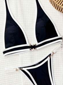 Swim SXY Black Deep V Halter Tie-Dye Contrast Pearl Detail Sexy Beach Bikini Set For Women For Summer Beach Vacation - Black and White - View 4