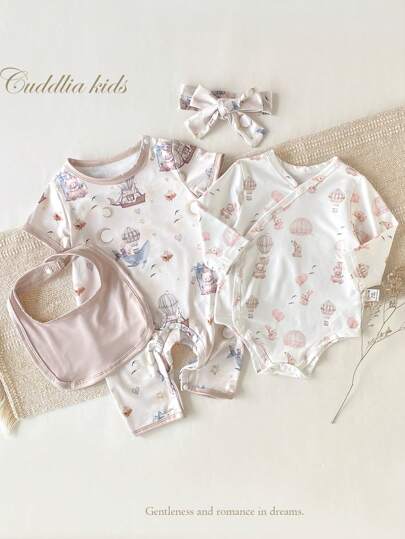 4件套新生婴儿男童女童可爱卡通熊降落伞印花短袖连体衣+长裤连体衣+围兜+头带家居服