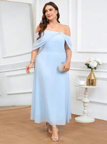 Coutiva Plus Size Solid Color Off Shoulder Elegant Net Yarn Splice Formal Dress, Bridesmaid Dress - Baby Blue - View 5