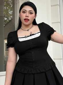 Dazy Plus Plus Size Patchwork Polka Dot Bowknot Decor Fitted Short Sleeve T-Shirt With Ruffle Hem Cute Tops Women Plus Clothing Formal, Back To School Clothes - Black - View 6