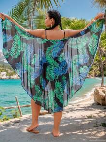 Swim Lushoire Coprispalle da spiaggia in stile kimono da donna taglie forti, con stampa di foglie tropicali e motivo casual, con spalline sottili e schiena scoperta, adatto per vacanze