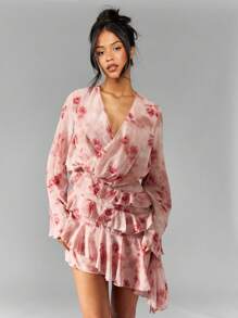 MISSGUIDED Floral Print Wrap Mini Dress With Bell Sleeves Ruffle Hem Asymmetric Tiered Skirt Wedding Guest Spring Summer Party - Pink - View 6