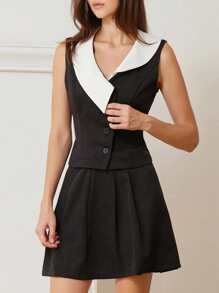 SHEIN Unity Women's 2Pcs Set Black And White Contrast Asymmetrical V-Neck Sleeveless Vest And Pleated Mini Skirt,Elegant Office Back-To-School Summer Outfit - Black - View 5
