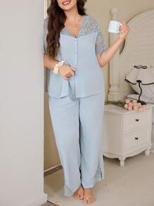 SHEIN Plus Size Women Lace Patchwork Sheer Shoulder Open Front Short Sleeve Top & Long Pants Pajamas Set, Outfits - Baby Blue - View 1