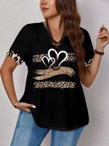EMERY ROSE Plus Size Women's Casual Leopard And Heart Printed Loose Short Sleeve T-Shirt, Suitable For Summer