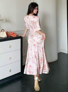 DAZY Asymmetric V-Neck Floral Print Ruffle-Sleeve Long Dress For Women - Pink - View 2
