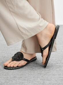 CUCCOO BIZCHIC Punk Style Women PU Leather Round Toe Hollowed-Out Rivet Decor Flat Gladiator Sandals - Black - View 3