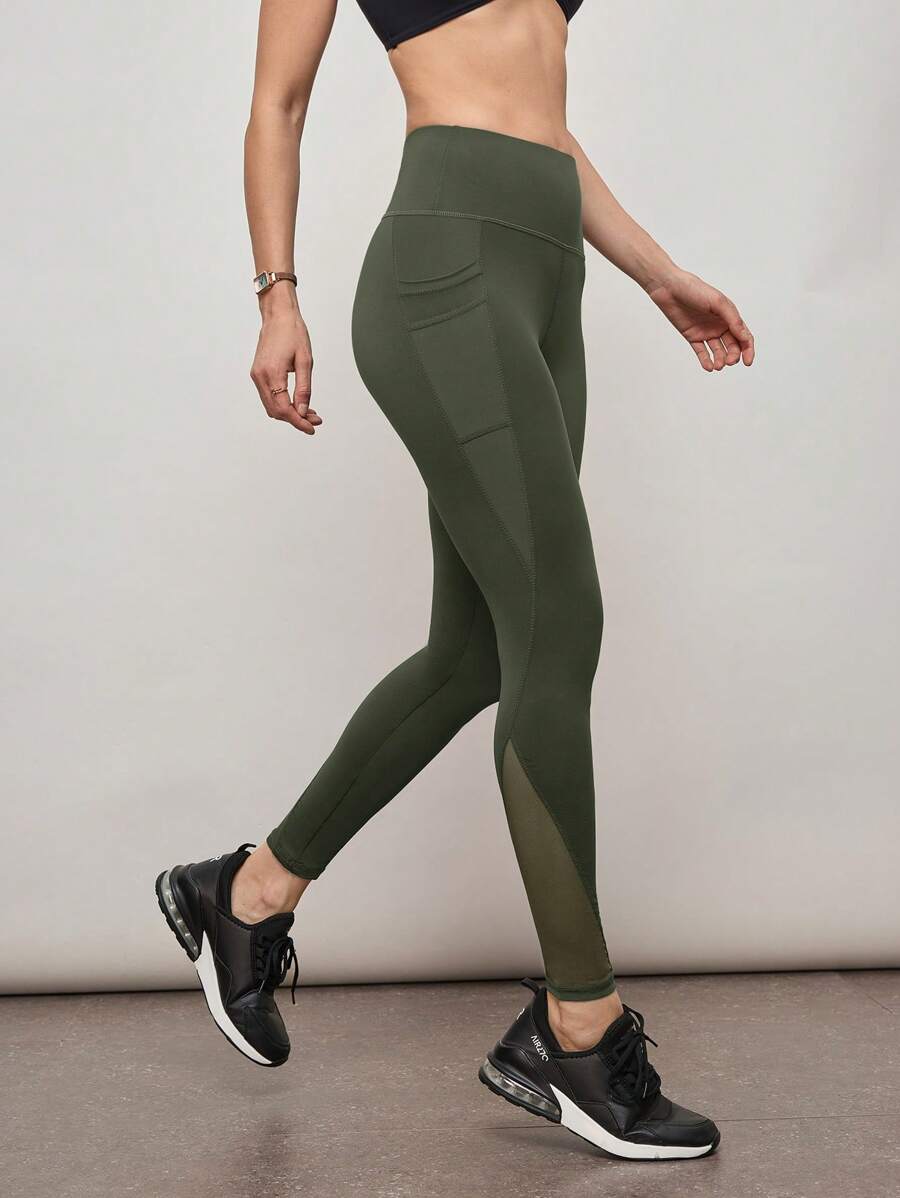 Activina 女士纯色高腰日常健身紧身裤瑜伽裤 - 軍綠色 - 查看 1