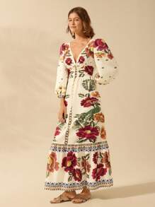 CAJUNI Vestido de Férias Feminino Boêmio com Estampa Floral, Gola em V, Manga Longa, Costas Vazadas, Cintura A-line