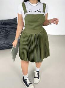 POPSWAY New Fashion Casual Loose Korean Design Strap Jumper & Pleated Mini Dress, Cinched Waist Vacation Dress For Women - Army Green - View 7
