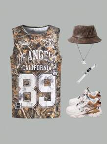 SHEIN Canottiera casual per ragazzo in età preadolescenziale, stile scolastico, comoda e versatile, realizzata in tessuto morbido con stampa di foglie e numeri, adatta per primavera, estate, uso quotidiano, attività all'aperto, sport, scuola, strada, feste e tempo libero