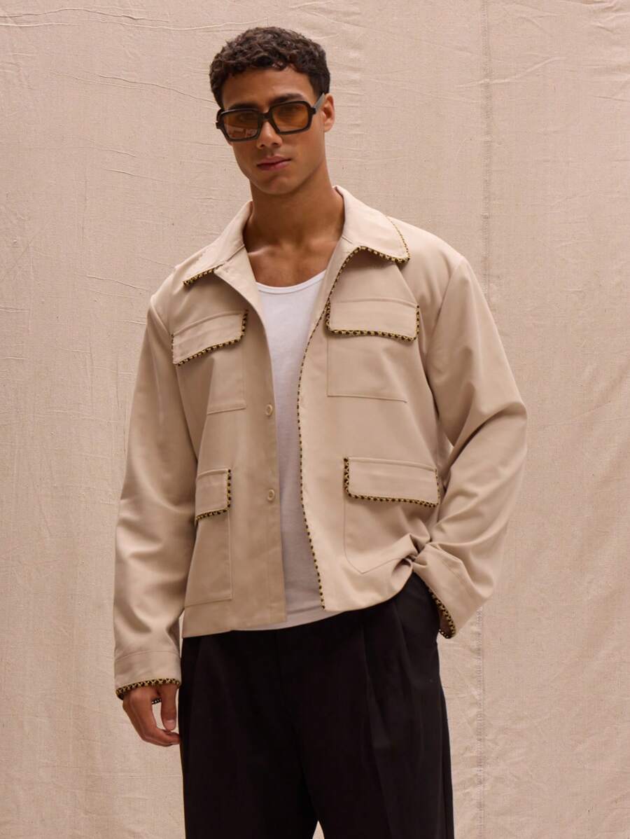 Musero Smart Button Down Contrast Trim Pocket Jacket Spring Summer Easter - Khaki - View 1