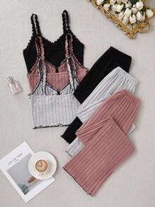 3 Sets Bow Decor Rib Knit Cami Top & Pants Pajama Set Lounge Set