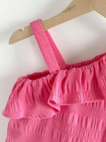 SHEIN Young Girls Summer Casual Holiday Gingham Texture Ruffle Trim Sleeveless Top & Ruffle Hem Mini Skirt 2 Pieces Set