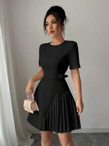 Elenzga 杏色圆领短袖褶边优雅女士连衣裙，最新设计，春夏 - 黑色 - 查看 4