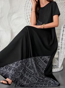 Lacomfia 女式印花拼布长款阿拉伯风格连衣裙 - 彩色 - 查看 8