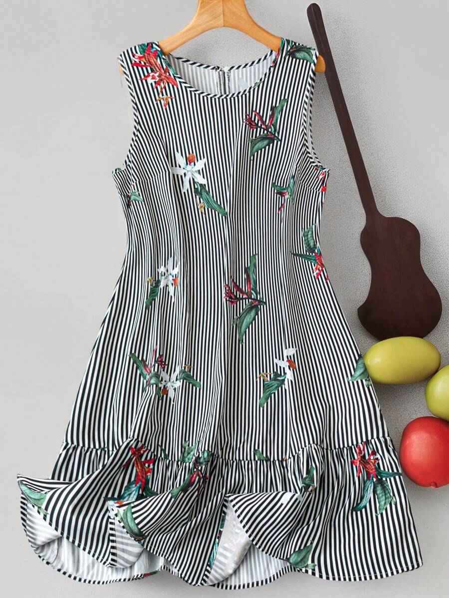 SHEIN LUNE Plus-Size Summer Plaid Sleeveless Crew Neck Casual Holiday Boho Dress For Women Women Summer Clothes Black And White Stripes Foral Boho Women Clothing Renaissance Fair Dress - Black - View 1