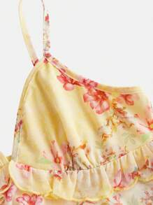 Sweetina Elegant Floral Print Mesh Strap Top For Summer - Mustard Yellow - View 3