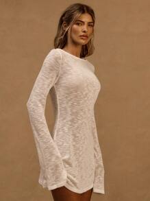 MUSERA Abito mini a vita bassa con scollo a V, maniche a sbuffo, in maglia a-line, adatto per vacanze, primavera, estate, spiaggia, stile Ibiza, western country, rave, colore bianco