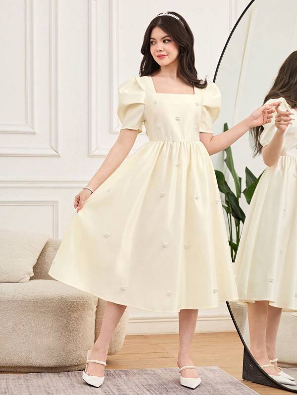 SHEIN Vestido de satén tejido con cuello cuadrado, mangas de gigot, volantes en el bajo, y detalles de perlas para niñas adolescentes. Apropiado para bodas, fiestas, cumpleaños, reuniones, primavera/verano